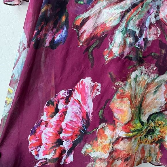 Marchesa Notte Burgundy Floral Print One Shoulder Chiffon‎ Midi Dress Size 2 - Picture 6 of 14